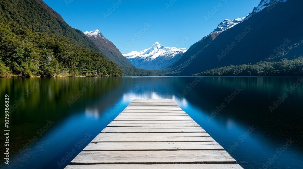 Serene Mountain Lake with Wooden Dock View Serene Mountain Lake with Wooden Dock View