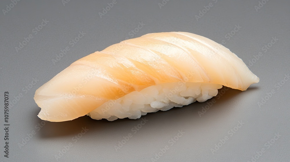 Fresh and Tender Sushi Piece Featuring Delicate White Fish on a Bed of Sticky Rice Set Against a Minimalistic Gray Background for Culinary Displays Fresh and Tender Sushi Piece Featuring Delicate White Fish on a Bed of Sticky Rice Set Against a Minimalistic Gray Background for Culinary Displays