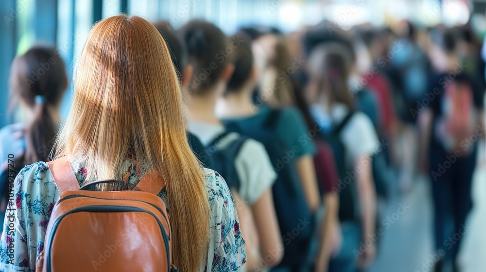 Selective focus on back portrait of people stand in the long line waiting for the train in the station during rush hours