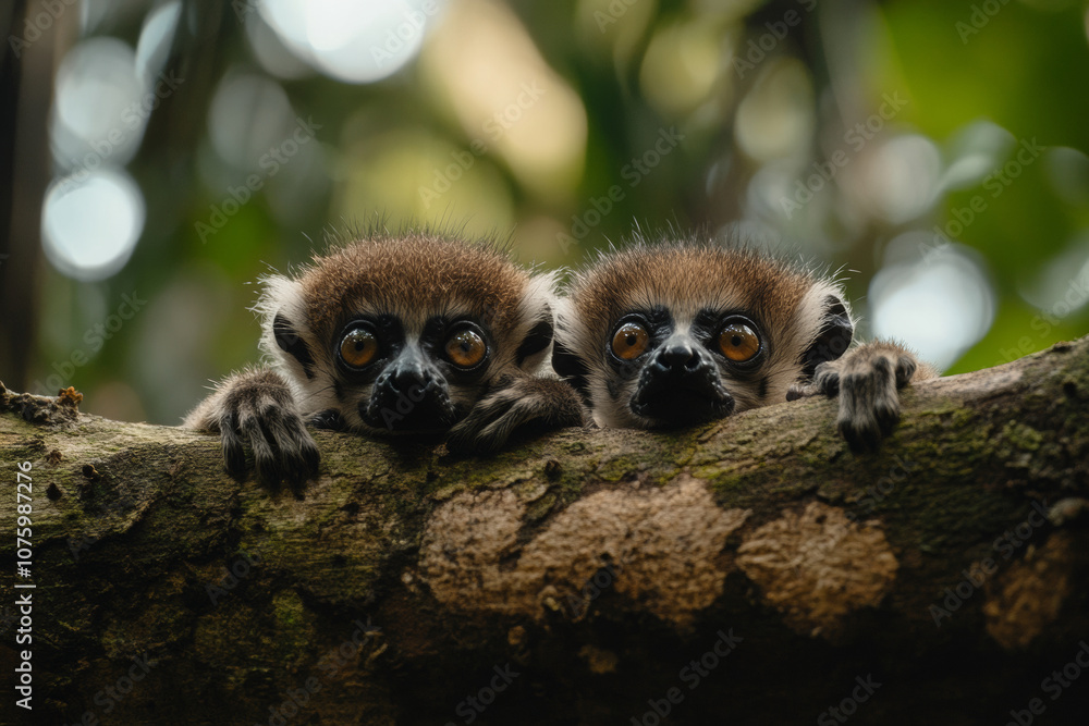 Fototapeta premium Two lemur hiding and leaning on a tree branch in the rainforest, looking at the camera alertness, close-up shot.