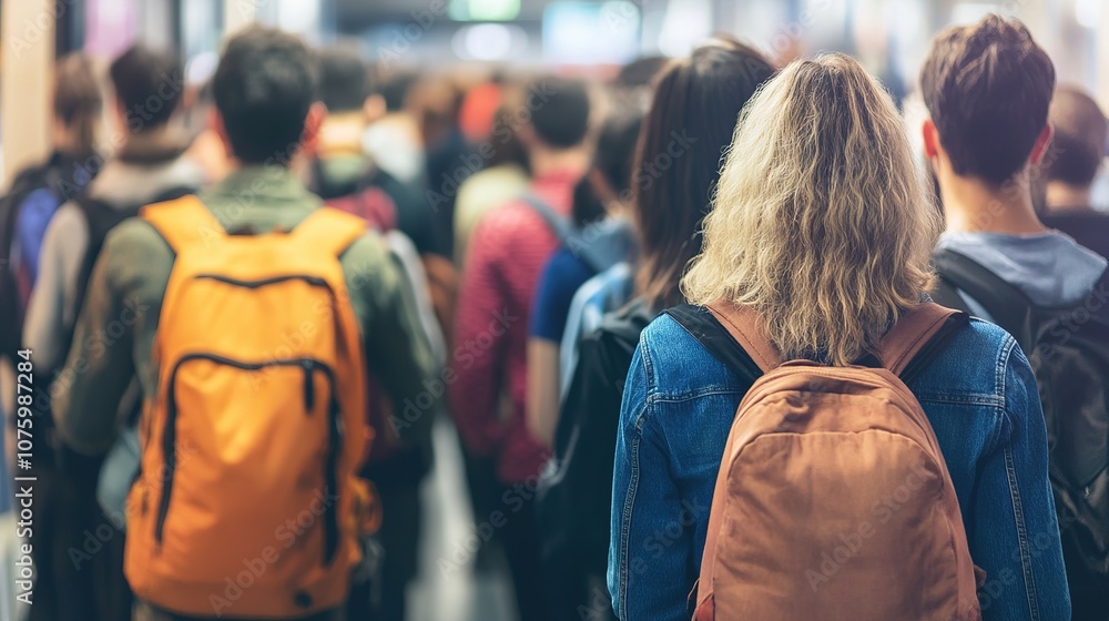 Selective focus on back portrait of people stand in the long line waiting for the train in the station during rush hours Selective focus on back portrait of people stand in the long line waiting for the train in the station during rush hours