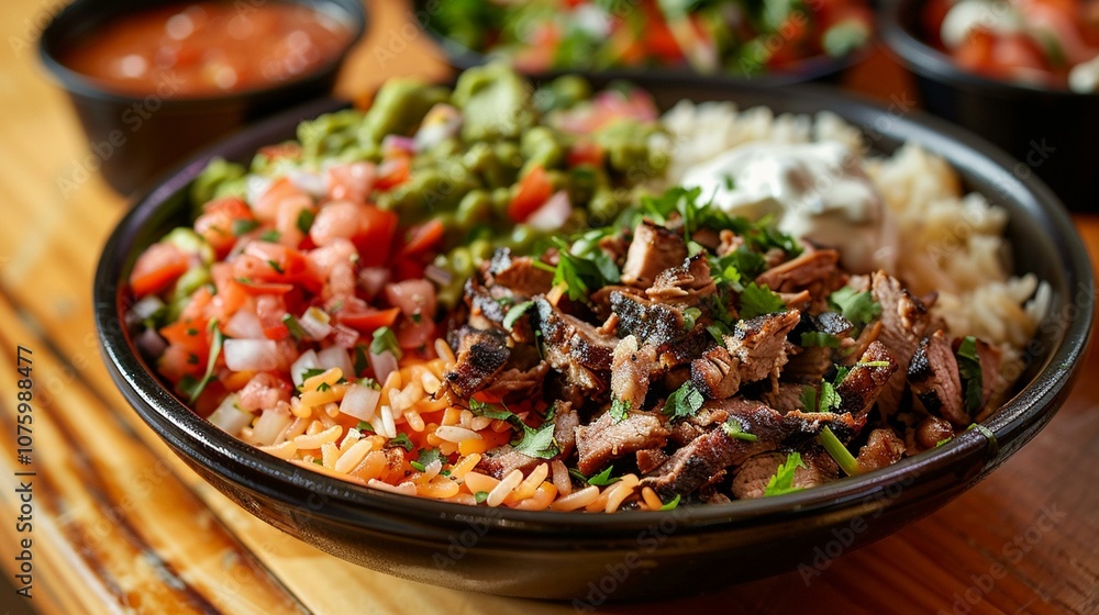 Bowl of Burrito with Rice, Beans, Meat, and Toppings Bowl of Burrito with Rice, Beans, Meat, and Toppings