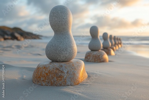 Stone Stacking on a Beach at Sunset photo