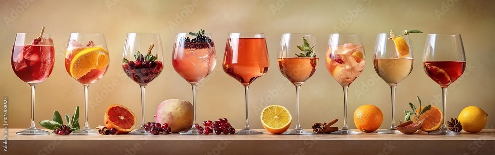 Delightful Arrangement of Rose Wine Glasses and Garnishes on a Wooden Table Delightful Arrangement of Rose Wine Glasses and Garnishes on a Wooden Table
