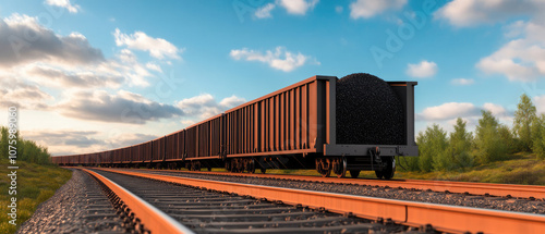 Coal-laden train on industrial tracks, showcasing the vital importance of rail transport in energy supply and infrastructure development photo