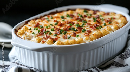 Delicious Bubbling Chicken Bacon Ranch Tater Tot Casserole in White Baking Dish on Dark Background with Crispy Bacon and Green Onions Garnish