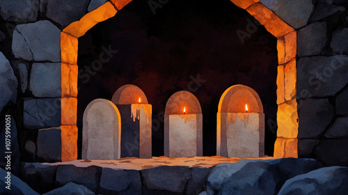 Ancient crypt with stone coffins, illuminated by candlelight, depicted in a soft watercolor style, evoking mystery and history. photo