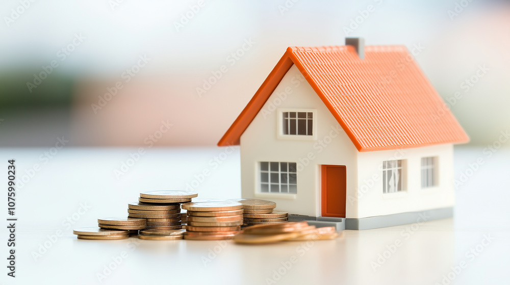 small model house sits next to stack of coins, symbolizing real estate investment and financial growth. This captures essence of home ownership and savings. small model house sits next to stack of coins, symbolizing real estate investment and financial growth. This captures essence of home ownership and savings.