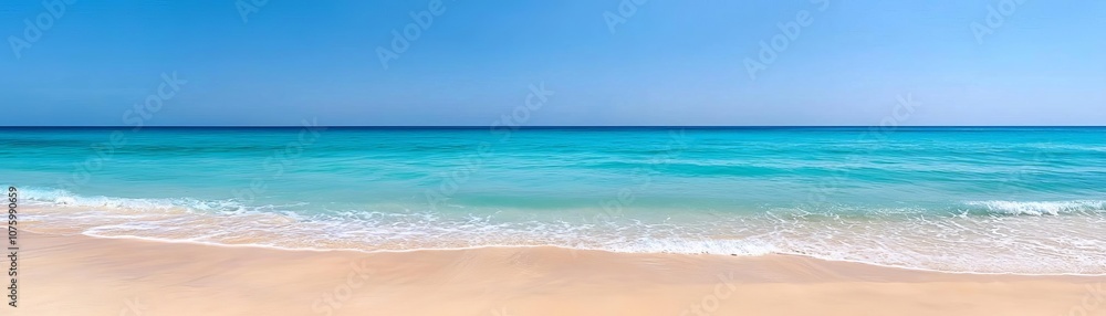 Breathtaking beach scene featuring clear blue water, gentle waves, and pristine sandy shoreline under a bright blue sky. Perfect for relaxation imagery. Breathtaking beach scene featuring clear blue water, gentle waves, and pristine sandy shoreline under a bright blue sky. Perfect for relaxation imagery.