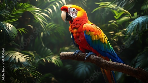 A vibrant scarlet macaw perched on a branch in a lush green tropical rainforest.