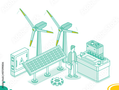 Isometric two wind turbines, solar panel, car accumulator and 9v battery isolated on white background. Generation of clean green energy. Outline objects. Nine volt battery.