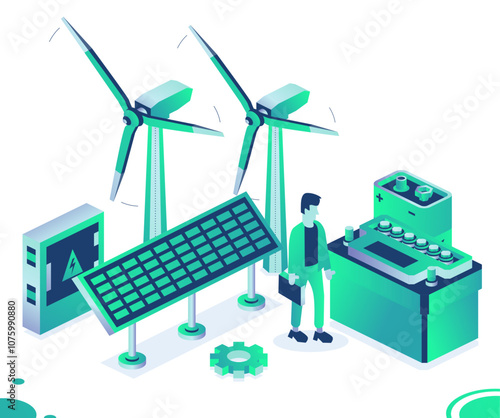 Isometric two wind turbines, solar panel, car accumulator and 9v battery isolated on white background. Generation of clean green energy. Nine volt battery.
