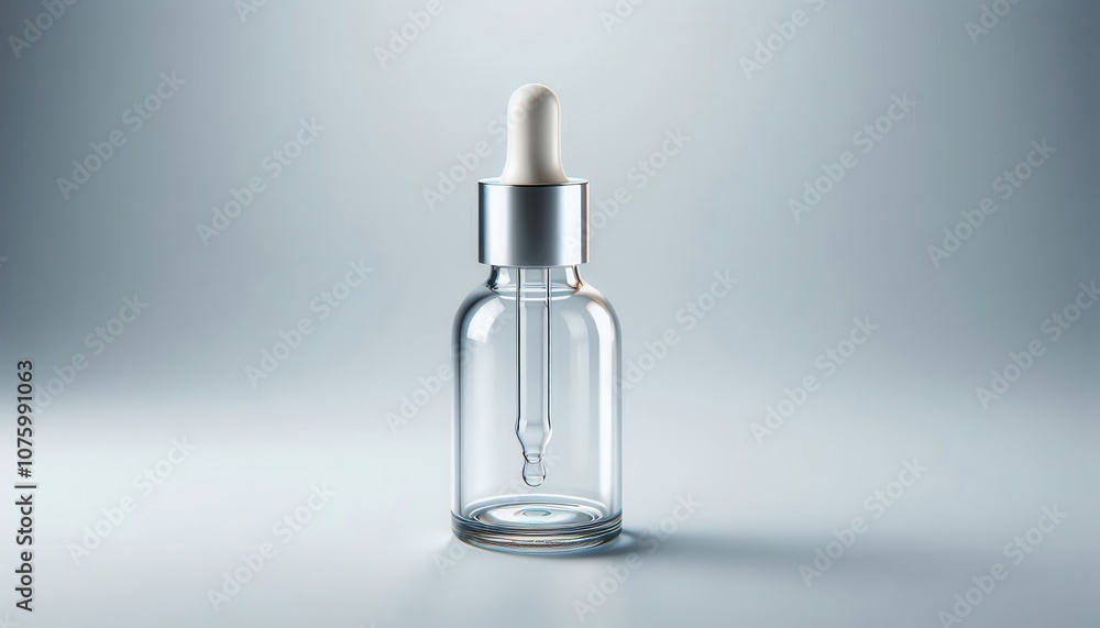 Clear glass dropper bottle with silver cap on a light gray background. Clear glass dropper bottle with silver cap on a light gray background.
