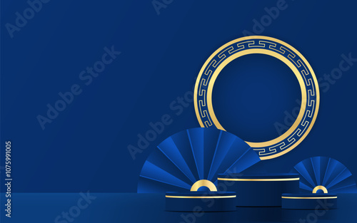 Sticker Blue Podium round stage podium and paper art Chinese new year,Chinese Festivals,