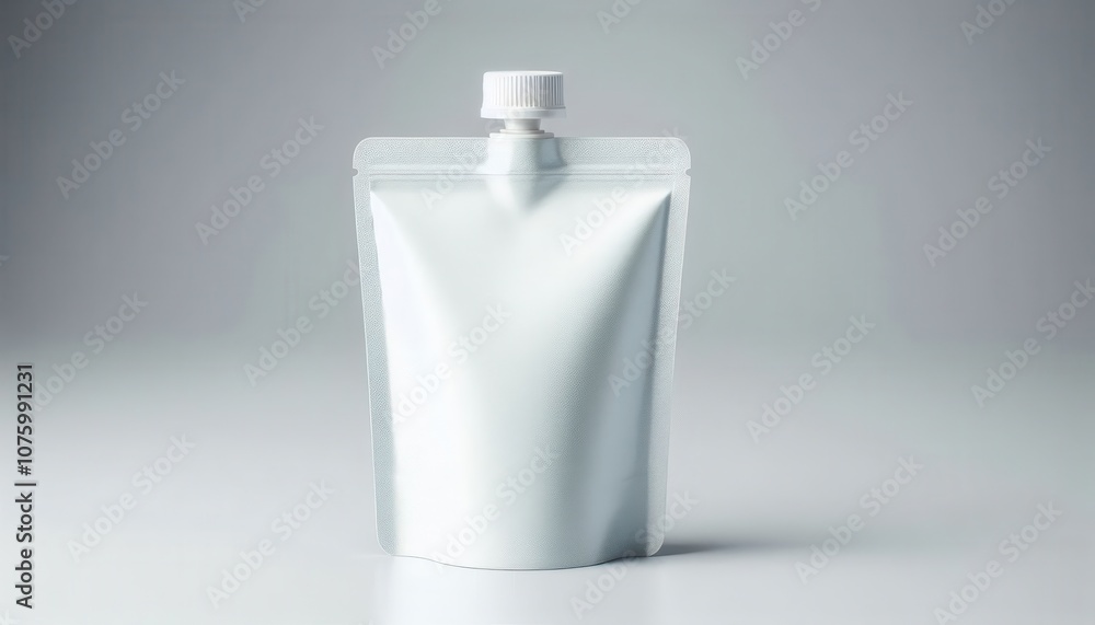 A blank white stand-up pouch with a spout cap, ready for your product design or branding. A blank white stand-up pouch with a spout cap, ready for your product design or branding.