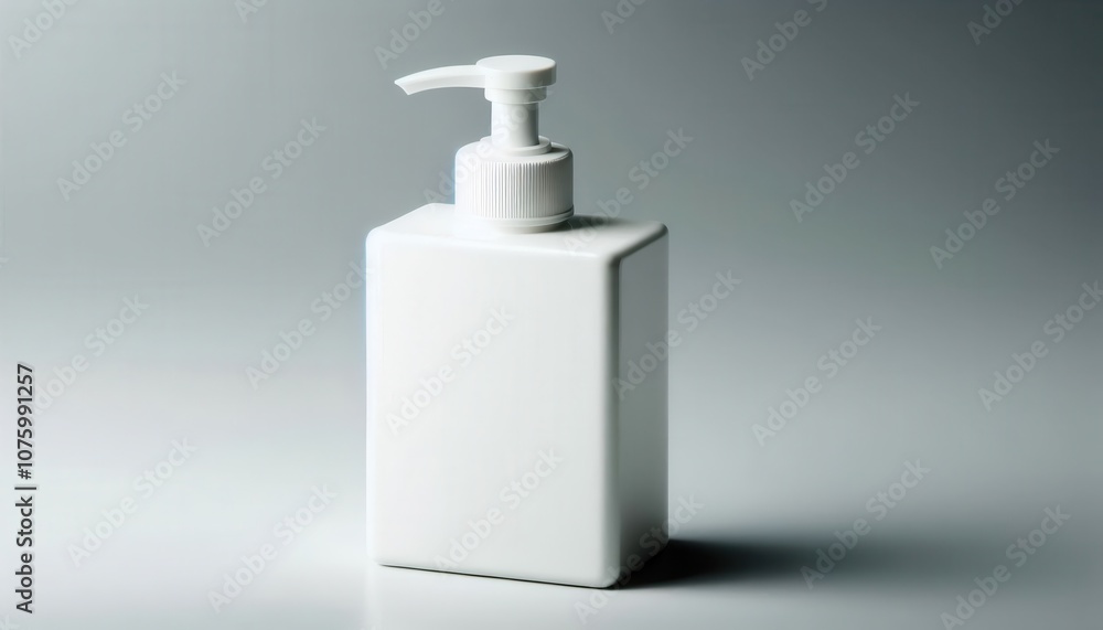 White square pump bottle on a gray background, ideal for lotion, soap, or sanitizer branding. White square pump bottle on a gray background, ideal for lotion, soap, or sanitizer branding.