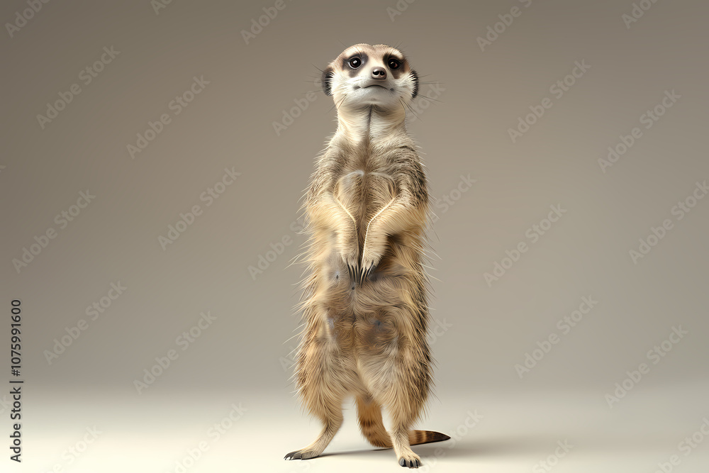 Fototapeta premium A curious meerkat stands upright, showcasing its inquisitive nature and distinctive features, with a soft, neutral background enhancing its fur details.