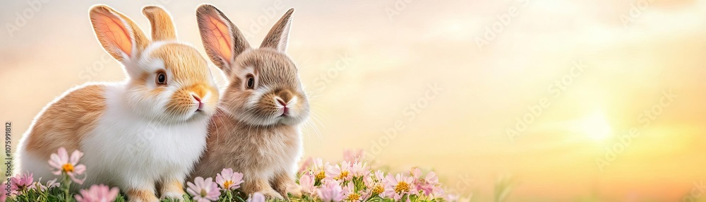 Obraz premium Two adorable rabbits sit close together on a bed of colorful flowers, illuminated by the warm light of a sunset, creating a serene and idyllic scene.