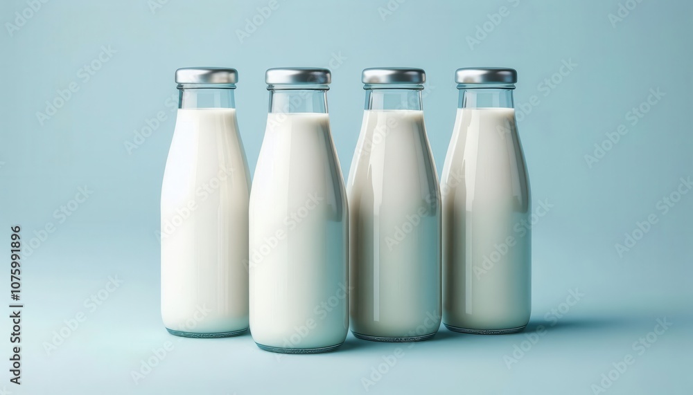 Four glass milk bottles with silver caps arranged in a row on a light blue background. Four glass milk bottles with silver caps arranged in a row on a light blue background.