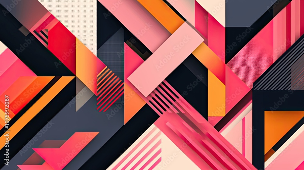 Modern Abstract Composition with Geometric Shapes and Vibrant Color Palette Featuring Bold Lines, Squares, and Angles in Shades of Pink, Orange, and Navy Blue Modern Abstract Composition with Geometric Shapes and Vibrant Color Palette Featuring Bold Lines, Squares, and Angles in Shades of Pink, Orange, and Navy Blue