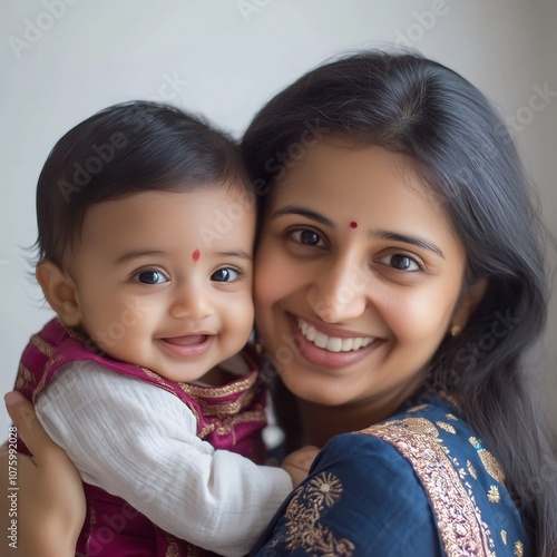 Loving Indian Mother Embracing Newborn Baby in Tender Studio Portrait