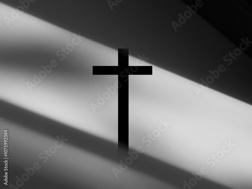 Cross christian god religion on shadow wall floor background, jesus church worship pray catholic grace christ, symbols christ love holy spiritual hope peach victory spirit meditation catholicism photo