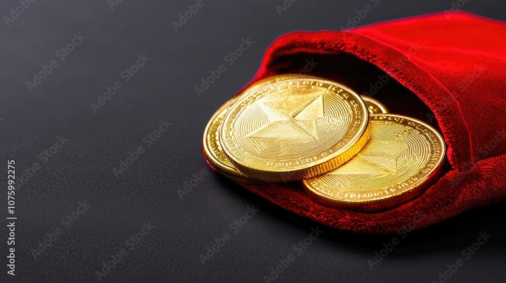 Golden coins resting in a red velvet pouch, showcasing intricate designs and reflecting light in a luxurious display perfect for wealth themes and financial concepts. Golden coins resting in a red velvet pouch, showcasing intricate designs and reflecting light in a luxurious display perfect for wealth themes and financial concepts.