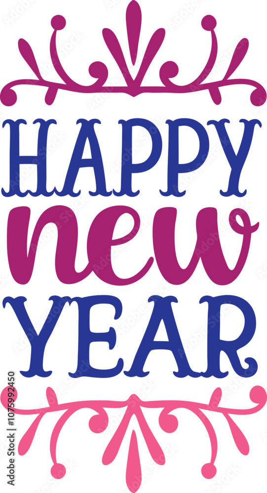 Obraz premium A graphic design featuring the phrase Happy New Year in stylized lettering. The words are in shades of pink and blue, with a decorative border of floral designs in pink.