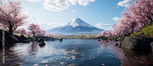 Experience the stunning beauty of mount fuji surrounded by cherry blossoms in a tranquil lake setting