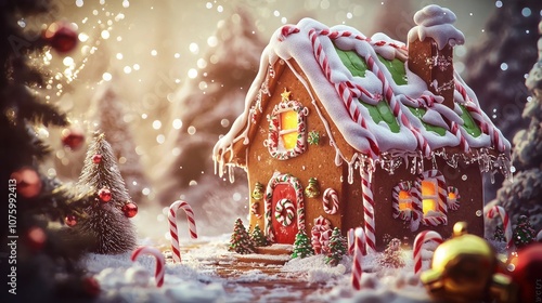 A banner with a gingerbread house, candy canes, and festive decorations. photo