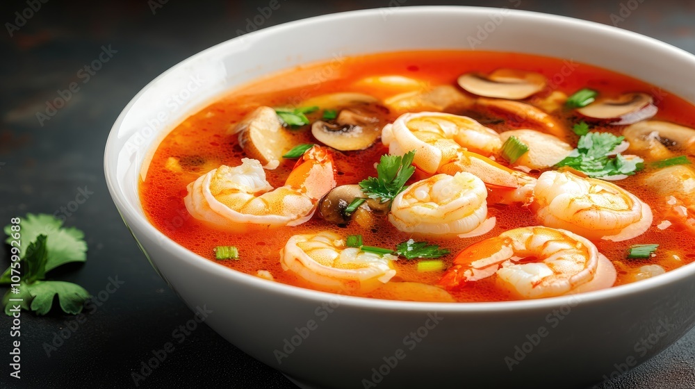Fresh and Flavorful Shrimp Soup with Vibrant Vegetables and Aromatic Herbs in a Bowl on a Rustic Background Fresh and Flavorful Shrimp Soup with Vibrant Vegetables and Aromatic Herbs in a Bowl on a Rustic Background