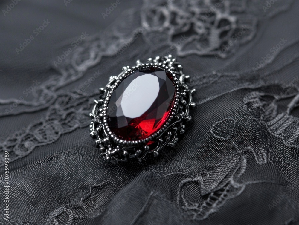 Fototapeta premium Explore the elegance of a stunning black lace brooch featuring a captivating red gemstone