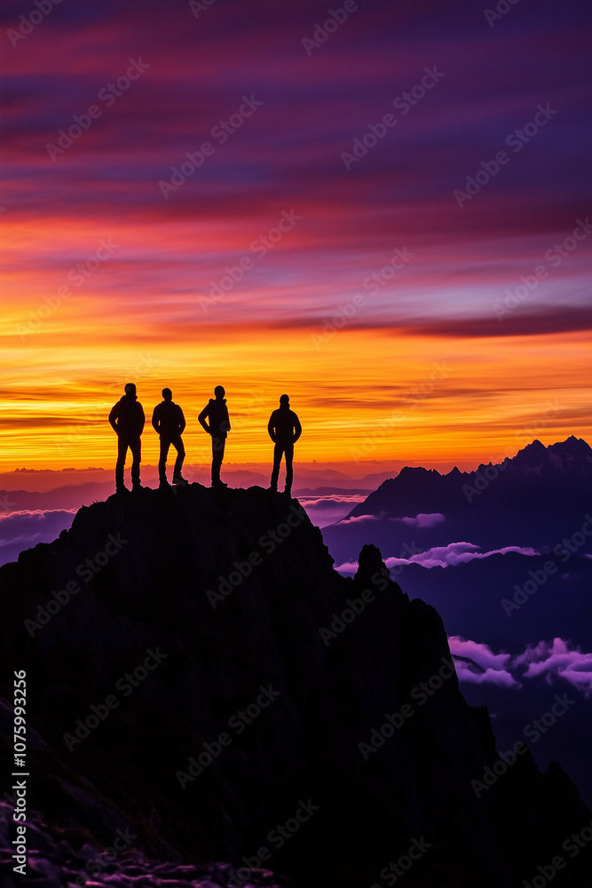 Silhouetted team on a mountain summit, symbolizing a business adventure, silhouetted against a vibrant sunset sky. Silhouetted team on a mountain summit, symbolizing a business adventure, silhouetted against a vibrant sunset sky.