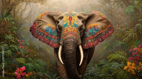 Majestic Elephant Adorned with Vibrant Patterns in a Lush Tropical Jungle Surrounded by Lush Foliage and Colorful Flowers