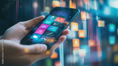 Wallpaper Mural Hand Holding a Smartphone with Colorful App Icons Against a Blurry Background Torontodigital.ca