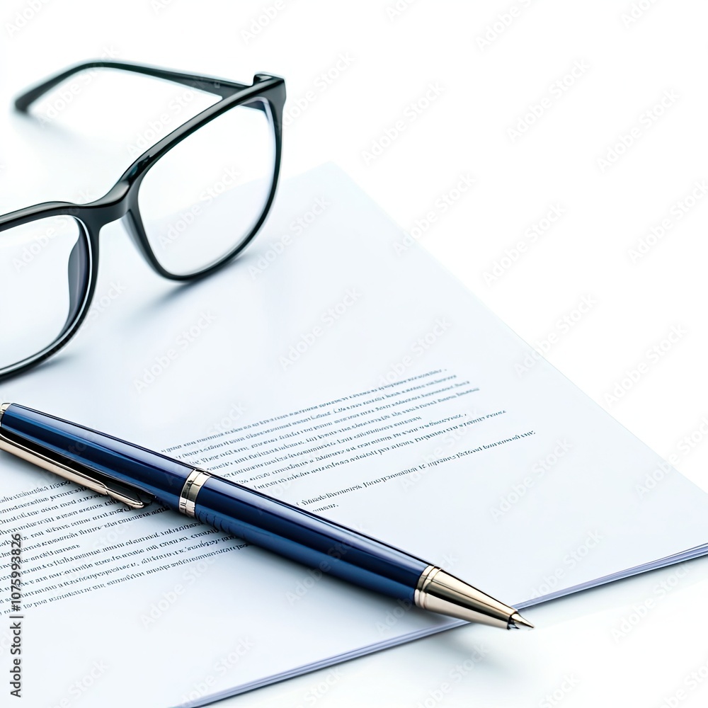 Elegant Black Glasses Beside a Stylish Blue Pen Resting on a Stack of Professional Documents for an Organized Workspace or Office Environment Elegant Black Glasses Beside a Stylish Blue Pen Resting on a Stack of Professional Documents for an Organized Workspace or Office Environment