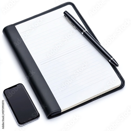 Wallpaper Mural Elegant Black Notebook with Lined Pages and Sleek Pen Next to Modern Smartphone on White Background for Professional and Personal Use Torontodigital.ca