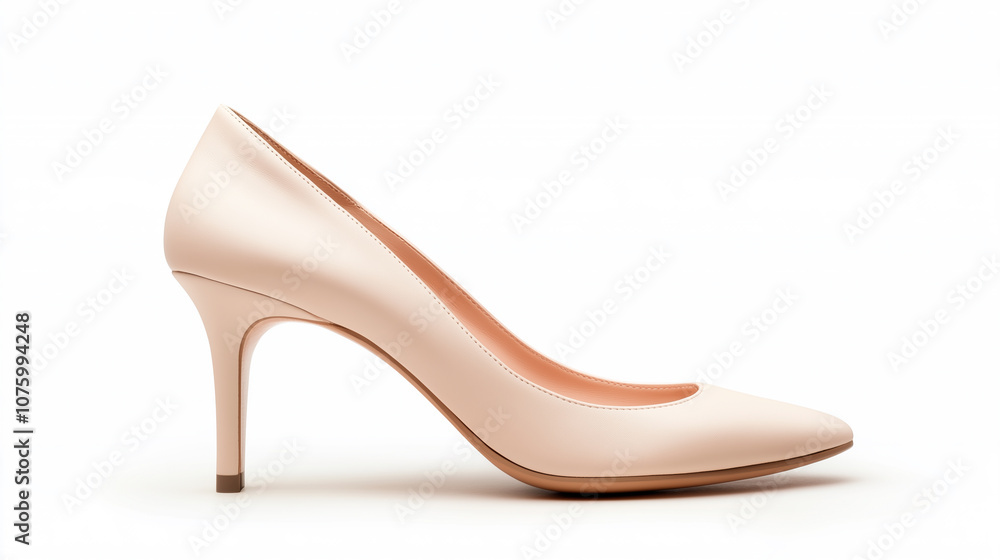 Elegant high heeled shoe in soft beige color, perfect for formal occasions and stylish outfits, on white background. Elegant high heeled shoe in soft beige color, perfect for formal occasions and stylish outfits, on white background.
