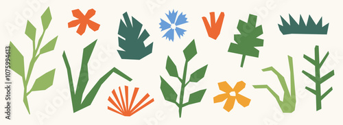 Cut out organic paper elements collection. Colorful abstract floral collage shape set. Nursery plants, flowers, leaves bundle for decoration, poster, banner, print. Children illustration pack. Vector