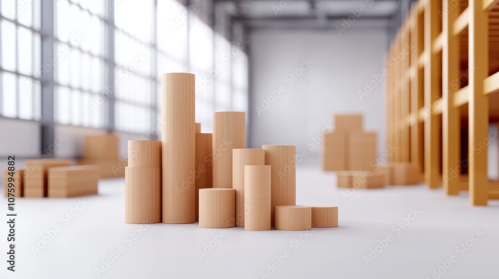 A modern workspace featuring neatly arranged wooden blocks of varying heights, with a bright, spacious background and shelving. A modern workspace featuring neatly arranged wooden blocks of varying heights, with a bright, spacious background and shelving.