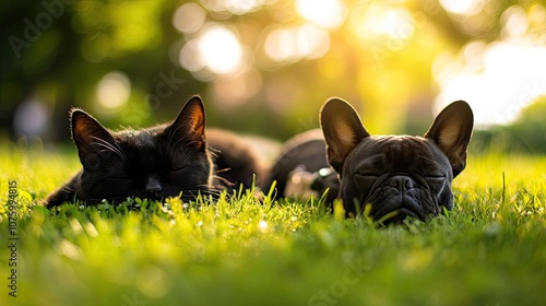 A peaceful scene of a cat and dog sleeping together on soft green grass. photo