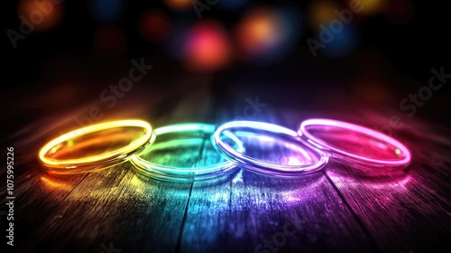 Wallpaper Mural Colorful glowing rings create a vibrant and festive atmosphere on a wooden surface. Torontodigital.ca