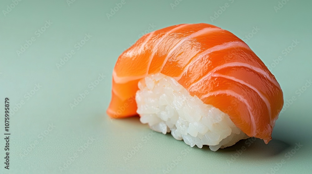 A vibrant piece of salmon sushi resting on a green surface, showcasing its delicate layers and texture. A vibrant piece of salmon sushi resting on a green surface, showcasing its delicate layers and texture.