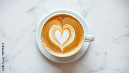 The cup of latte coffee with heart shaped latte art, top view, white bg photo