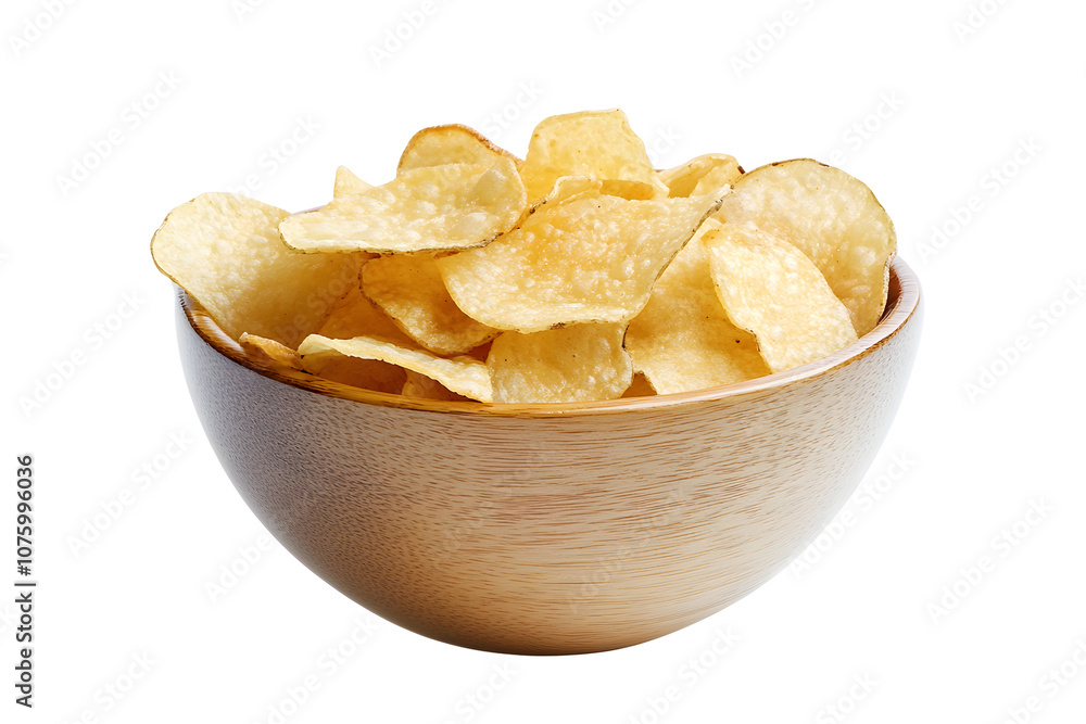 A side view of a snack bowl of savoury potato chips party food, crispy nibbles isolated against a transparent background A side view of a snack bowl of savoury potato chips party food, crispy nibbles isolated against a transparent background