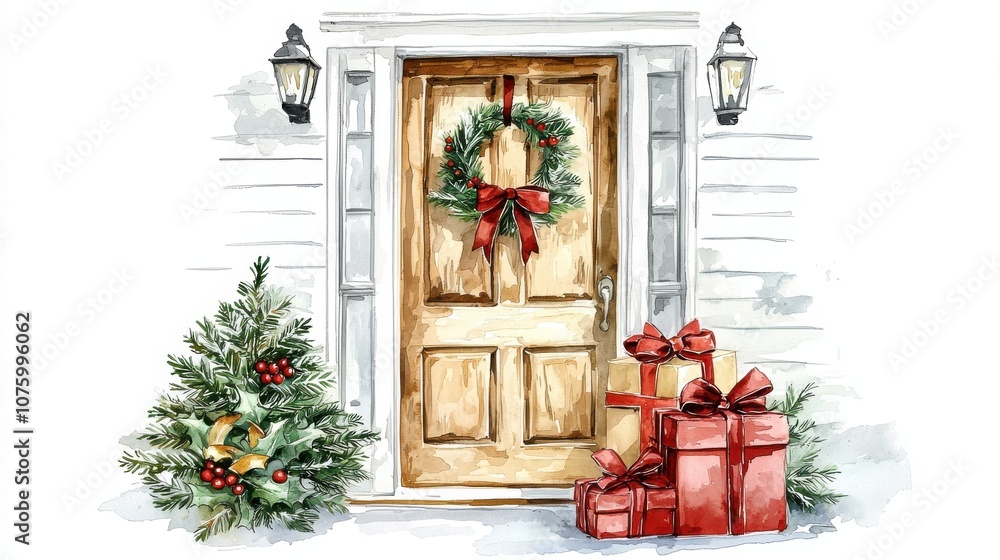 A festive holiday scene featuring a decorated front door with a wreath, a Christmas tree, and wrapped gifts. A festive holiday scene featuring a decorated front door with a wreath, a Christmas tree, and wrapped gifts.