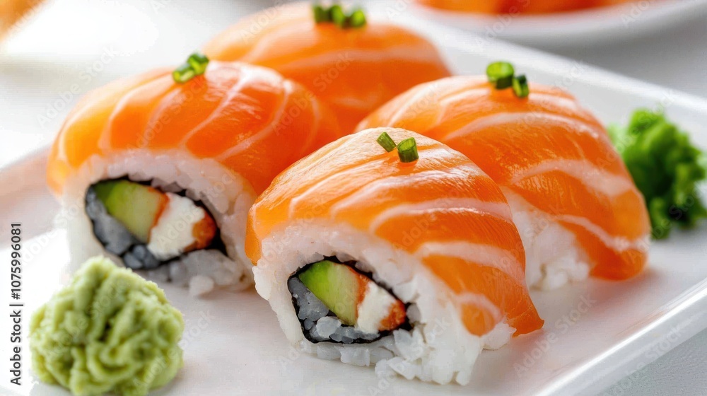 Delicious sushi rolls topped with fresh salmon and garnished with green onions, served with wasabi on a white platter. Delicious sushi rolls topped with fresh salmon and garnished with green onions, served with wasabi on a white platter.