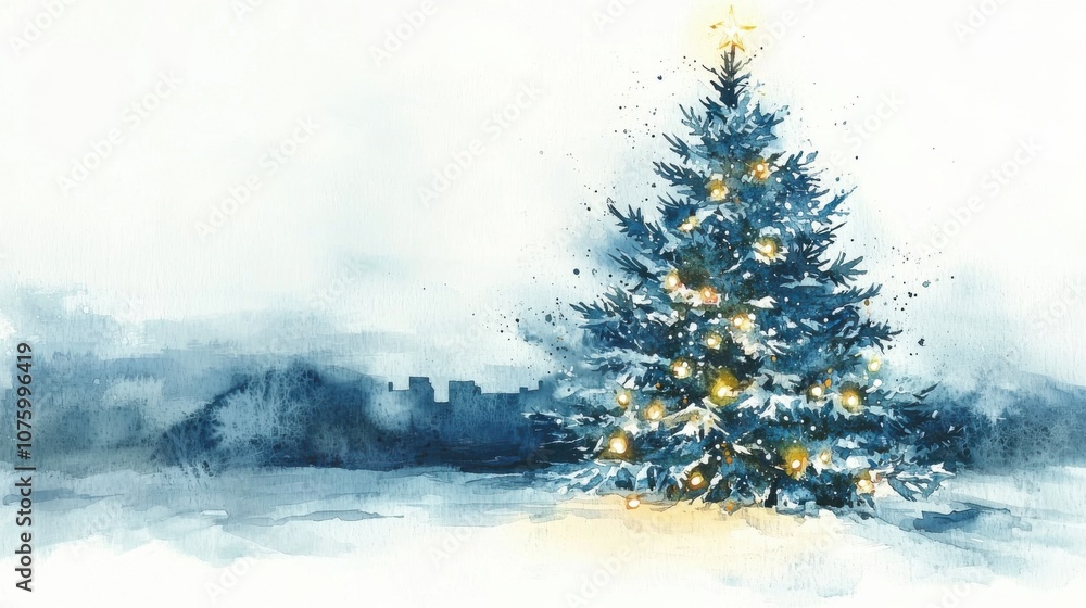 A serene winter scene featuring a beautifully lit Christmas tree in soft watercolor hues, capturing the essence of the festive season. A serene winter scene featuring a beautifully lit Christmas tree in soft watercolor hues, capturing the essence of the festive season.