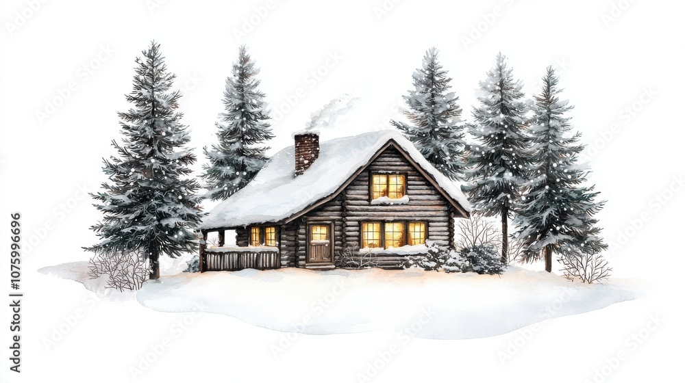 Naklejka premium Charming wooden cabin surrounded by snow-covered evergreens, creating a cozy winter landscape with warm light glowing from windows.