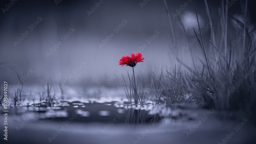 Obraz premium Red Poppy Flower in Twilight Marsh Scene with Reflections and Reeds